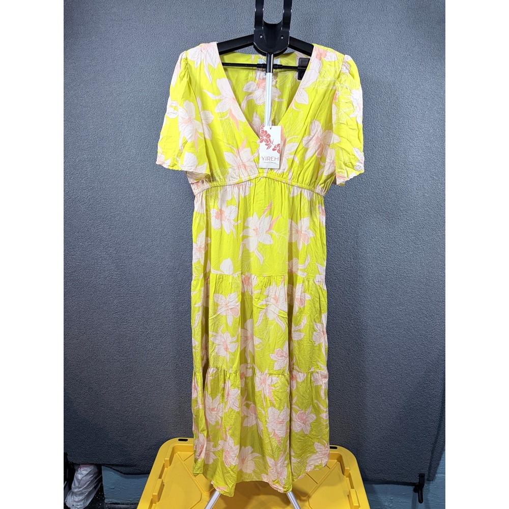 YIREH Dress Womens XL Yellow Mariana Isle Orchid Melon Floral Tiered Maxi Rayon